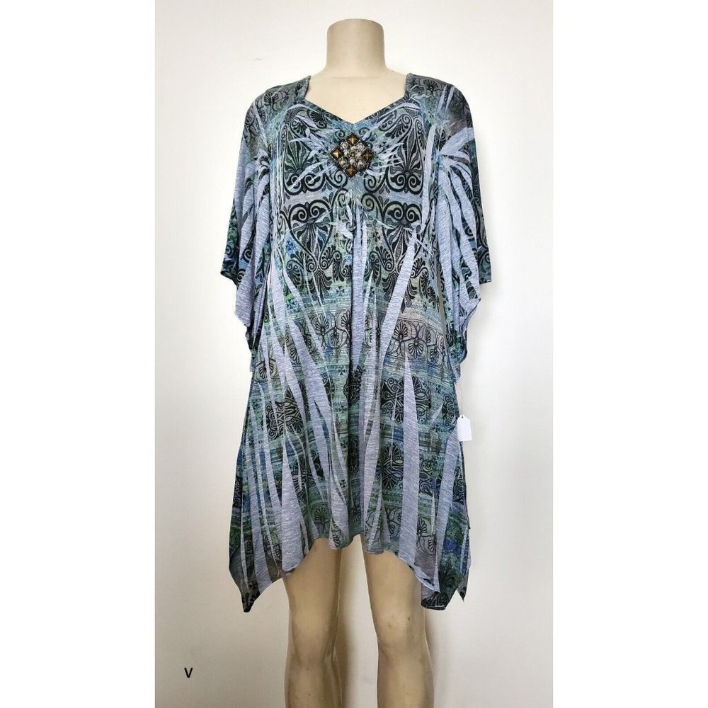 ONE WORLD LADIES TOP/TUNIC/DRESS MULTICOLOR 3/4 SLEEVE Embellished SIZE XL #672